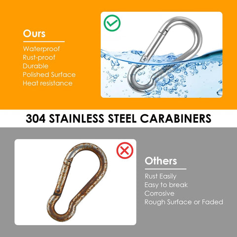 Comparison of 2 Inch Carabiner Clips Set 12 Pack 304 Stainless Steel With Spring Snap Hook Quick Link Clip 207 Lb Capacity and rusted carabiner