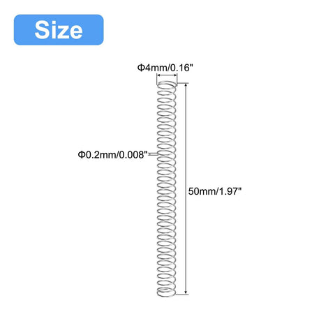 Five Pack 304 Stainless Steel Compression Springs, 4mm Outer Diameter, 0.2mm Wire, 50mm Free Length, Silver Tone, Even Spacing