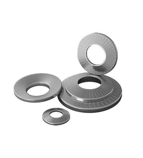Assorted 304 Stainless Steel Conical Disc Spring Cup Washers Three Eighths Inch ValuePack displayed on white background