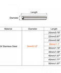 Size chart and diagram of Heavy Duty 3x28mm Dowel Pins Set in 304 Stainless Steel with Round Head and Flat Chamfered End, 20 Pieces for DIY use.