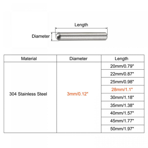 Size chart and diagram of Heavy Duty 3x28mm Dowel Pins Set in 304 Stainless Steel with Round Head and Flat Chamfered End, 20 Pieces for DIY use.