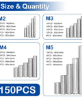 304 Stainless Steel Dowel Pins Set 150Pcs Assortment Kit With 20 Sizes From M2 To M5 Size and Quantity Chart