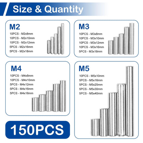 304 Stainless Steel Dowel Pins Set 150Pcs Assortment Kit With 20 Sizes From M2 To M5 Size and Quantity Chart