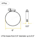 Diagram of 4 Pack 6 Inch Adjustable 304 Stainless Steel Duct Clamps Hose Clamps dimensions, showing 6 inch and 0.5 inch measurements.