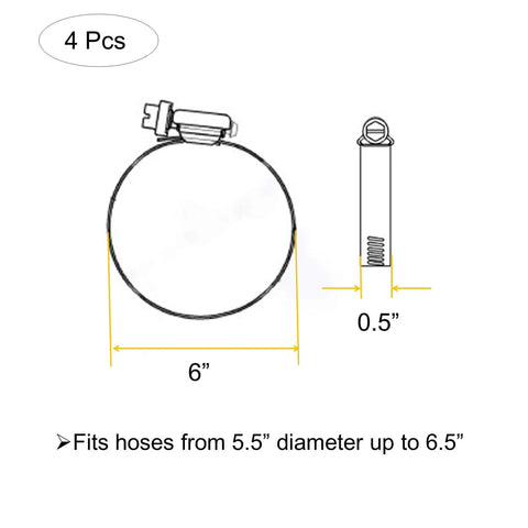 Diagram of 4 Pack 6 Inch Adjustable 304 Stainless Steel Duct Clamps Hose Clamps dimensions, showing 6 inch and 0.5 inch measurements.