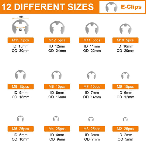 312 Piece Retaining Ring Kit With E Clips And External C Clips In 304 Stainless Steel, showing 12 E-clip sizes