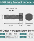 1/4-20 x 1-1/4 Inch Hex Bolts detailed diagram in stainless steel 304 showing measurements and design