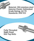 Six Piece M10 Hex Bolts And Nuts Set In 304 Stainless Steel With M10x60mm Fully Threaded Bolts, detail view on specifications