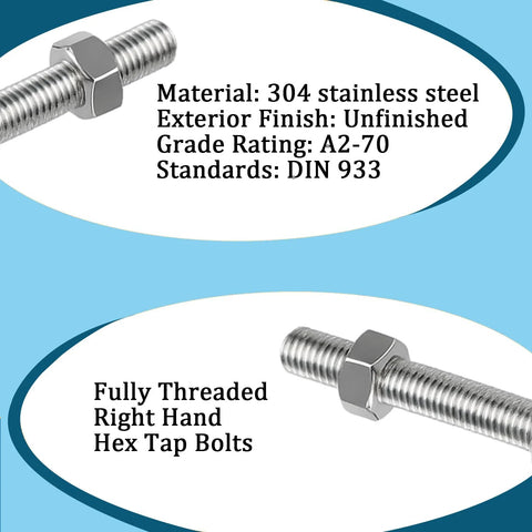 Six Piece M10 Hex Bolts And Nuts Set In 304 Stainless Steel With M10x60mm Fully Threaded Bolts, detail view on specifications