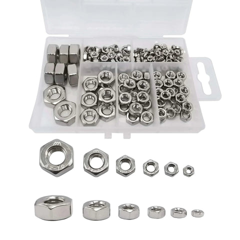210 Pack 304 Stainless Steel Hex Nuts Assortment Kit DIN 934 M3 M4 M5 M6 M8 M10 For Professionals DIY in storage box