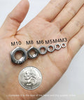 210 Pack 304 Stainless Steel Hex Nuts Assortment Kit DIN 934 M3 M4 M5 M6 M8 M10 For Professionals DIY shown in hand with quarter for scale