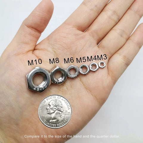 210 Pack 304 Stainless Steel Hex Nuts Assortment Kit DIN 934 M3 M4 M5 M6 M8 M10 For Professionals DIY shown in hand with quarter for scale