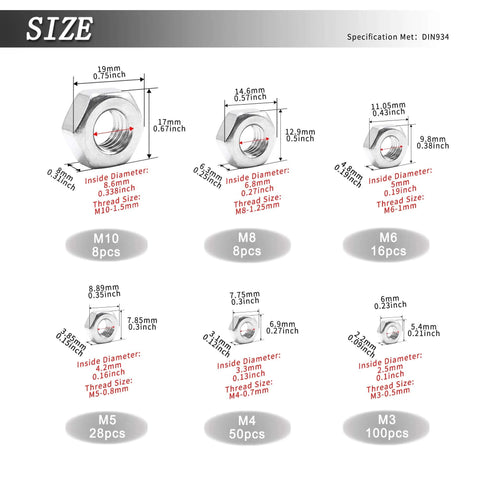 Detailed size chart of 210 Pack 304 Stainless Steel Hex Nuts Assortment Kit DIN 934 M3 M4 M5 M6 M8 M10 For Professionals DIY