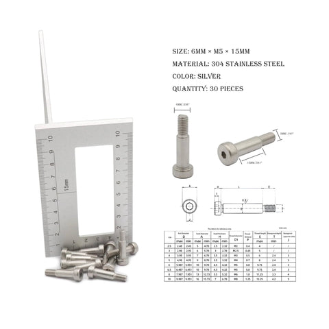 Heavy Duty 304 Stainless Steel Hex Socket Shoulder Bolts Pack Of 30 6mm X M5 X 15mm with socket cap head, dimensions chart included.