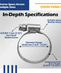 Embossed Worm Gear Hose Clamps Size 28 For One And Five Eighths Inch To Two And Three Eighths Inch Hoses Heavy Duty All 304 Stainless Steel Automotive Hose Clips Forty To Sixty Millimeter Ten Pack image with size details and specifications.