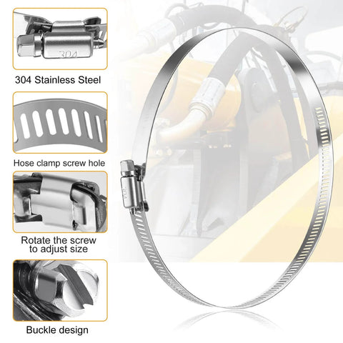 Pack Of 6 Adjustable 6 Inch Hose Clamps In 304 Stainless Steel With Worm Gear Mechanism showing features and usage