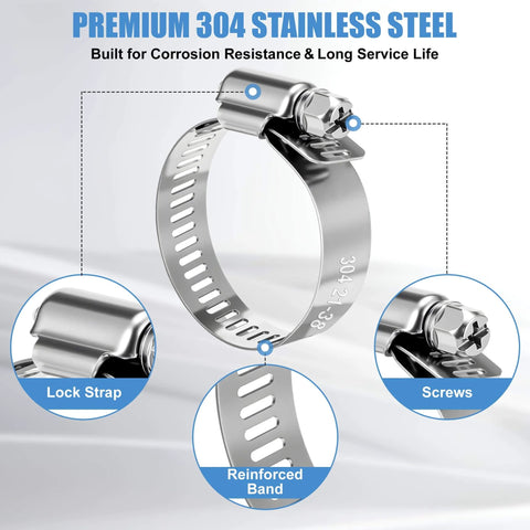 50 Piece 304 Stainless Steel Worm Gear Hose Clamp Assortment One Quarter Inch To One And One Half Inch 6 To 38 Mm Adjustable Pipe Clamps