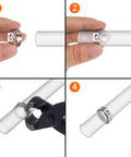 50 Pieces 12.8 To 15.3 Mm 304 Stainless Steel Single Ear Hose Clamps Set For Plumbing Automotive And Industrial Use High Corrosion Resistance Durable Construction Easy To Install With Reliable Gripping Action, showing step-by-step installation on a clear tube.