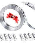 304 Stainless Steel Hose Clamp Assortment Kit With 12 Ft Metal Strap And 8 Stronger Fasteners Adjustable Large Worm Gear Screw Clamps
