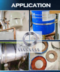 Collage showing 304 Stainless Steel Hose Clamp Assortment Kit With 12 Ft Metal Strap And 8 Stronger Fasteners in various applications.