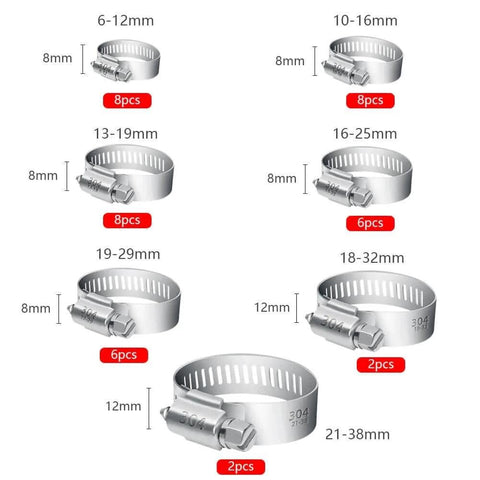 40 Pcs Hose Clamp Set With Seven Size Ranges Adjustable Pipe Tube Clamps Made From Premium 304 Stainless Steel shown in various sizes.