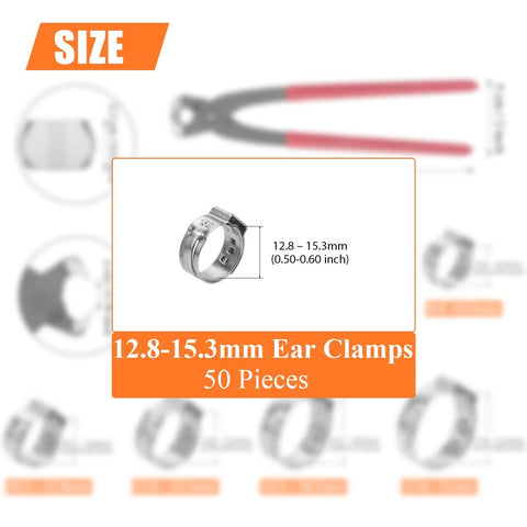 50 Pieces 12.8 To 15.3 Mm 304 Stainless Steel Single Ear Hose Clamps Set for Plumbing Automotive and Industrial Use, shown with tool
