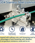 Installed 304 stainless steel locknut showcasing anti-loosening and anti-vibration features, with recycling, durability, and rustproof icons.