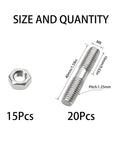 304 Stainless Steel Double End Threaded Studs M8x40 With Nuts, showing 20 studs and 15 nuts, size M8, length 40mm, pitch 1.25mm