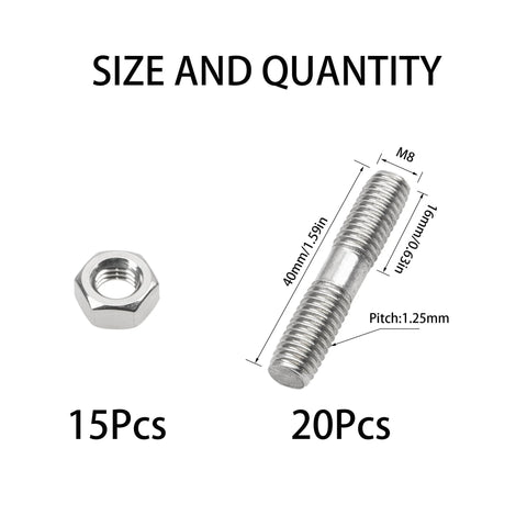 304 Stainless Steel Double End Threaded Studs M8x40 With Nuts, showing 20 studs and 15 nuts, size M8, length 40mm, pitch 1.25mm