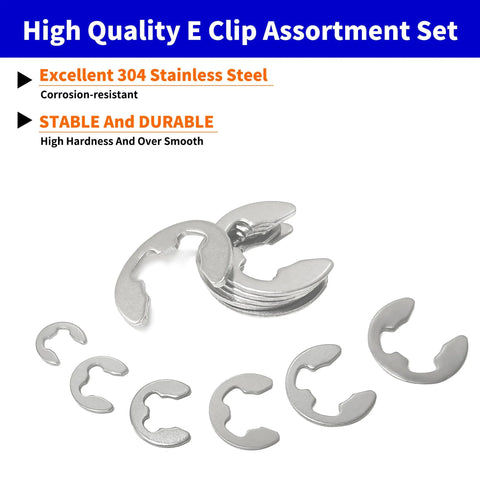 200 Piece Metric E Clips Assortment Kit With 304 Stainless External Retaining Rings M1.5 To M10, corrosion-resistant circlips