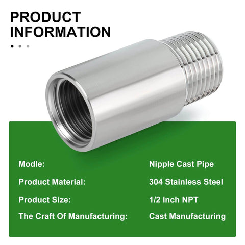 2 Pcs Stainless Steel Pipe Fittings Half Inch NPT Male To Half Inch NPT Female Threaded 2 Inch Nipple Cast Pipe 304 Stainless Steel