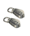 Front view of 2-Pack 304 Stainless Single Sheave Open Block Pulley 32mm for Canoe Marine Boat Hardware made from stainless steel.