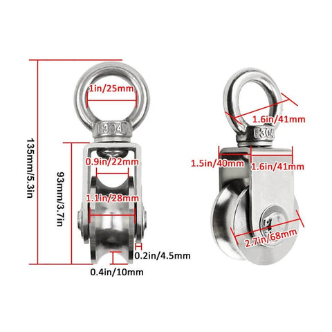 Pulley,Pulley Wheel, 2pcs Heavy Duty Sheaves Track Pulley,304 Stainless Steel Directional Roller,360° Rotating Ring,dimensions