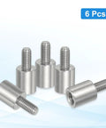 Reducing Standoff Screws M5x10mm to M6x12mm, 304 Stainless Steel, 6 Pack shown from front and side angles; metal spacers.