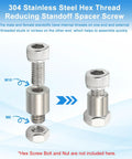 Reducing Standoff Screws M5x10mm to M6x12mm, 304 Stainless Steel, 6 Pack, PCB and Motherboard Spacers shown with hex bolts.