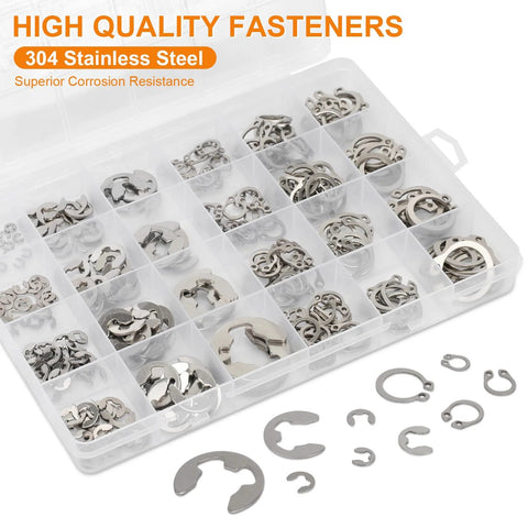 312 Piece Retaining Ring Kit With E Clips And External C Clips in 304 Stainless Steel, 24 Sizes in a compartmentalized storage box