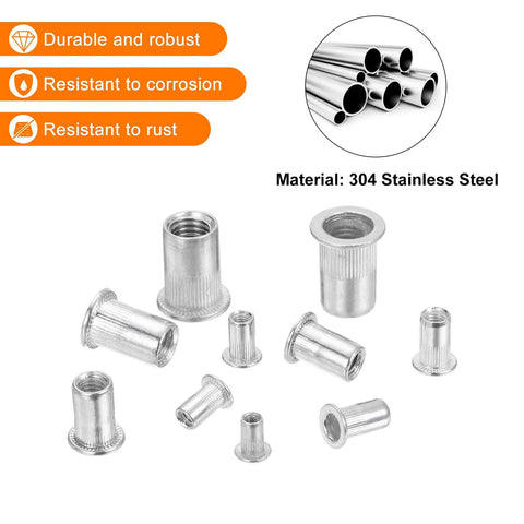 Rivet Nut Set Flat Head 3/8-16 Stainless Steel 304 Threaded Inserts Knurled Body, 50 Pcs, shown with knurled body and flat head