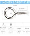 Diagram of 50 Pcs 1 Inch 304 Stainless Steel Eye Screws Self Tapping Eye Bolts Indoor Outdoor Hanging Artwork with dimensions and material details