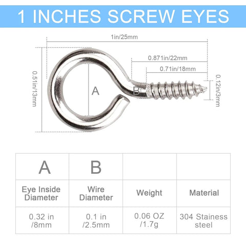 Diagram of 50 Pcs 1 Inch 304 Stainless Steel Eye Screws Self Tapping Eye Bolts Indoor Outdoor Hanging Artwork with dimensions and material details