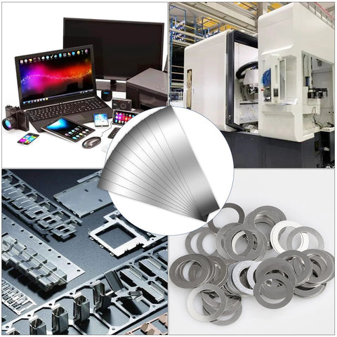 Collage of 30 Piece Pro Grade Shim Stock Assortment In 304 Stainless Steel Strips 1 Inch Wide By 6 Inch Long Thicknesses From 0.0007 To 0.01 Inch Across Ten Sizes For Precision Machining Welding And Assembly Durable Metal Shims For Quick Fine Tuning And Calibration with technology and machinery background.