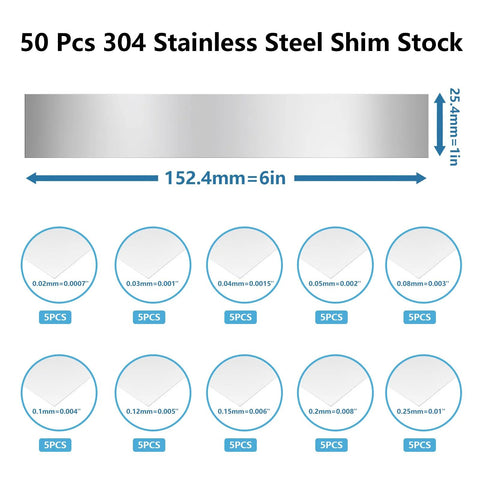50-Piece 304 Stainless Steel Shim Stock Assortment, 1 Inch Width By 6 Inch Length, 0.0007 To 0.01 Inch Thick Thin Metal Strips