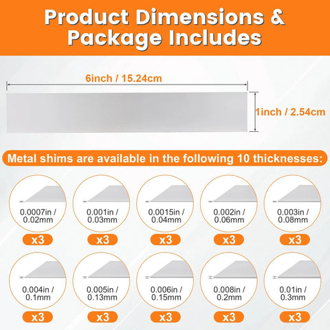 30 Piece Shim Stock Assortment Pack 1 Inch Wide By 6 Inch Long Stainless Steel 304 Shims With Multiple Thicknesses Chart