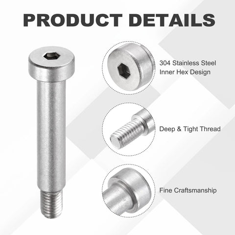 2 Pack 304 Stainless Steel Shoulder Bolts With Hex Socket For Heavy Duty Machines, 10mm Shoulder Diameter, 50mm Shoulder Length