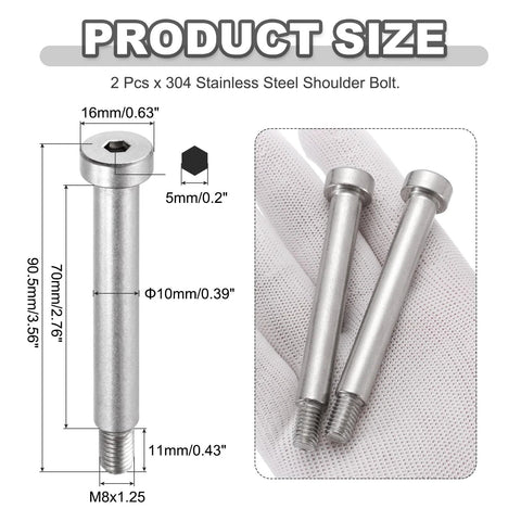 Heavy Duty 2 Pack 304 Stainless Steel Shoulder Bolts With 10mm Shoulder Diameter And 70mm Shoulder Length M8 x 1.25 Thread