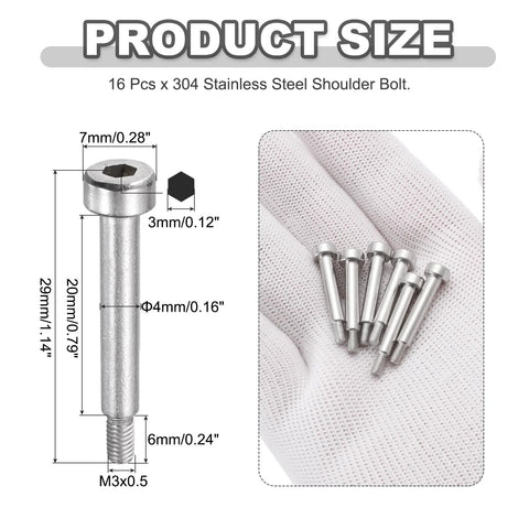 Product details of 16 Pcs 304 Stainless Steel Shoulder Bolts with Hex Socket for heavy industry use. Includes size and thread info.