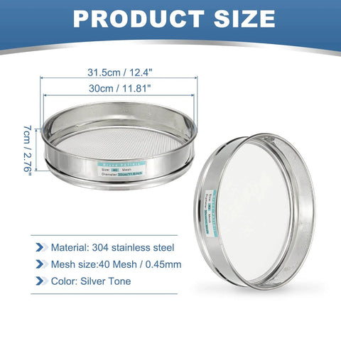 40 Mesh 0.45mm Lab Sieve 11.81 Inch Diameter 304 Stainless Steel Fine Mesh Screen For Industrial Lab And Home Soil Sifter