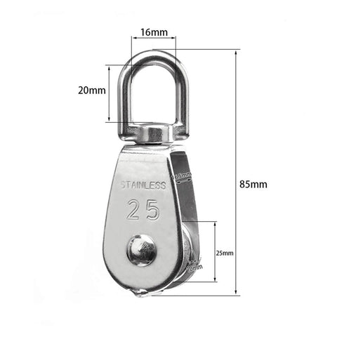 Side view of 304 Stainless Steel Pully Single Wheel Swivel Pulley Block Lifting Rope 25mm Set with measurements, 85mm height
