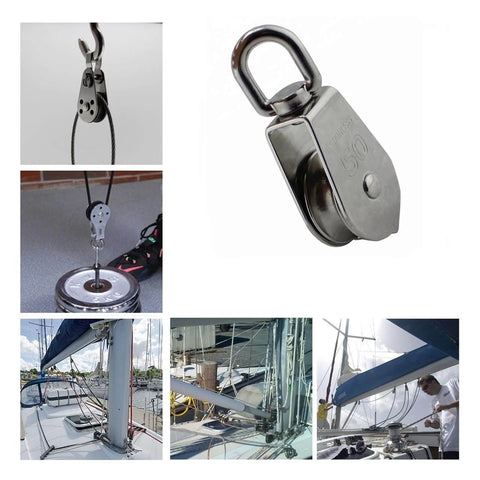 2-Pack 304 Stainless Single Sheave Open Block Pulley 32mm for Canoe Marine Boat Hardware shown in various installations