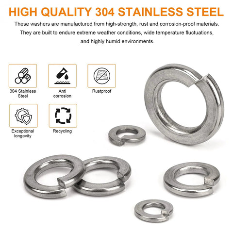 Spring Lock Washer Set SAE Four To Three Quarter Inch 304 Stainless Steel close-up showing different washer sizes