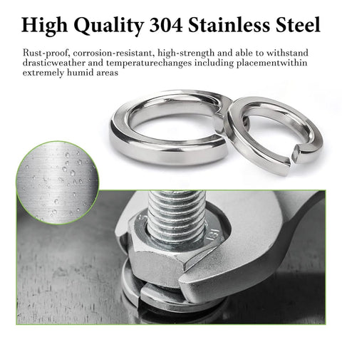 Close-up of Spring Lock Washers Assortment Kit 1000 Pack 304 Stainless Steel M2 To M12 showing washers and corrosion resistance.
